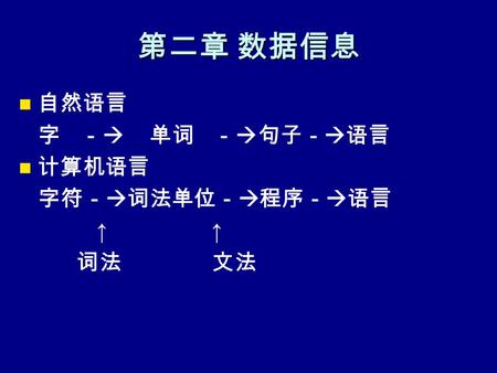 第二章 数据信息 自然语言 字 －  单词 －  句子－  语言 计算机语言 字符－  词法单位－  程序－  语言 ↑ 词法 文法.