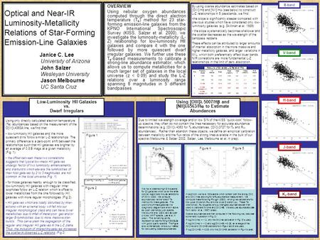 Optical and Near-IR Luminosity-Metallicity Relations of Star-Forming Emission-Line Galaxies Janice C. Lee University of Arizona John Salzer Wesleyan University.