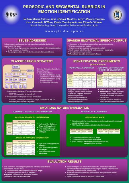 EMOTIONS NATURE EVALUATION BASED ON SEGMENTAL INFORMATION BASED ON PROSODIC INFORMATION AUTOMATIC CLASSIFICATION EXPERIMENTS RESYNTHESIS VOICE PERCEPTUAL.