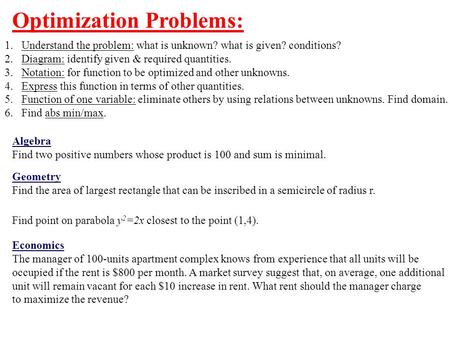 Optimization Problems: 1.Understand the problem: what is unknown? what is given? conditions? 2.Diagram: identify given & required quantities. 3.Notation: