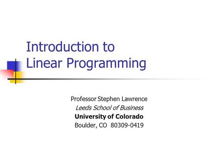 Introduction to Linear Programming