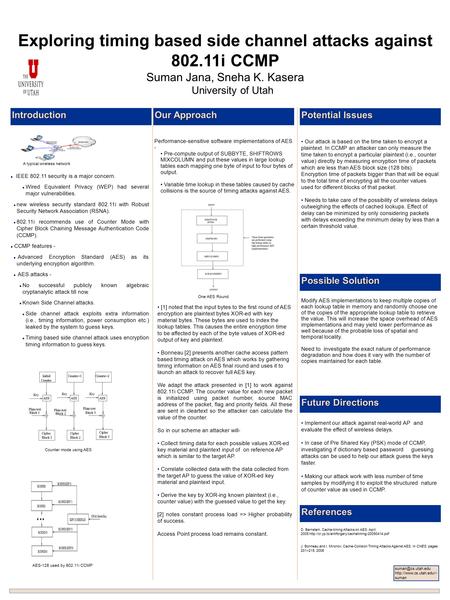 Exploring timing based side channel attacks against 802.11i CCMP Suman Jana, Sneha K. Kasera University of Utah Introduction