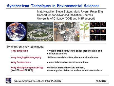 GeoSoilEnviroCARS, The University of Chicago 16-Oct-2005 Matt Newville, Steve Sutton, Mark Rivers, Peter Eng Consortium for Advanced Radiation Sources.