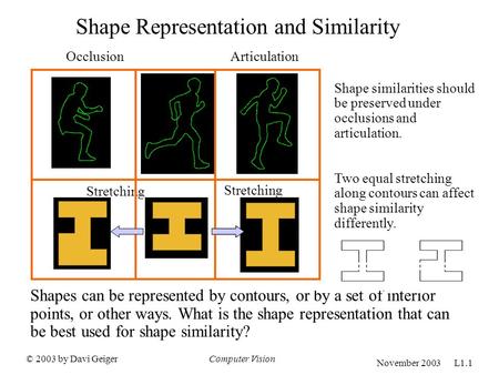 © 2003 by Davi GeigerComputer Vision November 2003 L1.1 Shape Representation and Similarity OcclusionArticulation Shape similarities should be preserved.