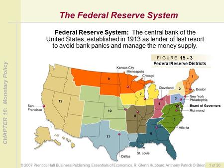 © 2007 Prentice Hall Business Publishing; Essentials of Economics, R. Glenn Hubbard, Anthony Patrick O’Brien CHAPTER 16: Monetary Policy 1 of 30 The Federal.