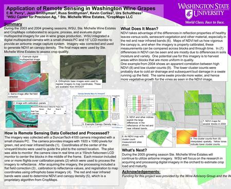 Application of Remote Sensing in Washington Wine Grapes E.M. Perry 1, Jenn Smithyman 2, Russ Smithyman 2, Kevin Corliss 2, Urs Schulthess 3 1 WSU Center.