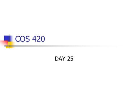 COS 420 DAY 25. Agenda Group Project Discussion Final Paper Due April 29 User Manual Protocol Definition Program requirements Technical Specifications.