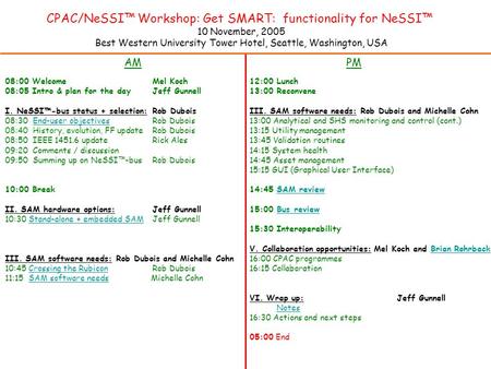 CPAC/NeSSI™ Workshop: Get SMART: functionality for NeSSI™ 10 November, 2005 Best Western University Tower Hotel, Seattle, Washington, USA AMPM 08:00 WelcomeMel.