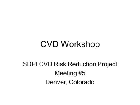 CVD Workshop SDPI CVD Risk Reduction Project Meeting #5 Denver, Colorado.