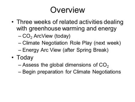 Overview Three weeks of related activities dealing with greenhouse warming and energy –CO 2 ArcView (today) –Climate Negotiation Role Play (next week)