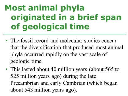 Most animal phyla originated in a brief span of geological time