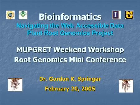 Bioinformatics Navigating the Web Accessible Data Plant Root Genomics Project MUPGRET Weekend Workshop Root Genomics Mini Conference Dr. Gordon K. Springer.