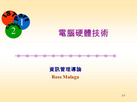 I 資訊管理導論 Ross Malaga 2 2-1 電腦硬體技術. 2-2 學習目標 列出現代個人電腦的主要元件 說明電腦中的所有元件如何一起工作 – 解釋 CPU 的角色並探討其工作原理 – 解釋輸入裝置並探討其工作原理 – 解釋輸出裝置並探討其工作原理 – 了解多媒體及其他替代性的輸出入裝置.