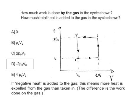 How much work is done by the gas in the cycle shown? A] 0 B] p 0 V 0 C] 2p 0 V 0 D] -2p 0 V 0 E] 4 p 0 V 0 How much total heat is added to the gas in the.