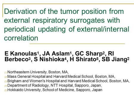 Derivation of the tumor position from external respiratory surrogates with periodical updating of external/internal correlation E Kanoulas 1, JA Aslam.