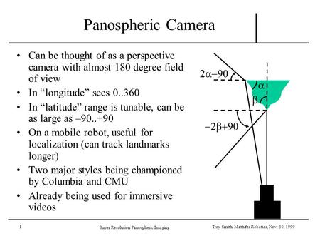 1 Super Resolution Panospheric Imaging Trey Smith, Math for Robotics, Nov. 30, 1999 Panospheric Camera Can be thought of as a perspective camera with almost.