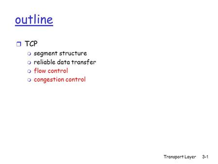 Transport Layer 3-1 outline r TCP m segment structure m reliable data transfer m flow control m congestion control.