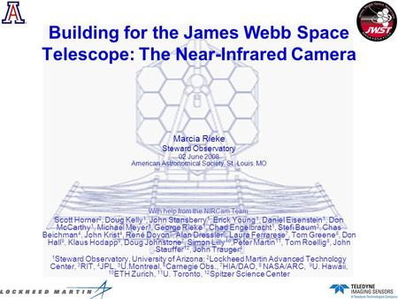 Marcia Rieke Steward Observatory 02 June 2008 American Astronomical Society, St. Louis, MO With help from the NIRCam Team: Scott Horner 2, Doug Kelly 1,