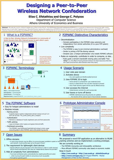 Designing a Peer-to-Peer Wireless Network Confederation Elias C. Efstathiou and George C. Polyzos Department of Computer Science Athens University of Economics.