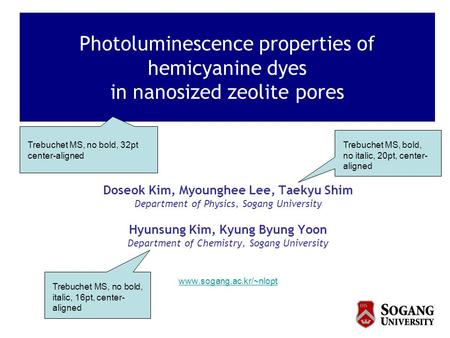 Doseok Kim, Myounghee Lee, Taekyu Shim Department of Physics, Sogang University Hyunsung Kim, Kyung Byung Yoon Department of Chemistry, Sogang University.