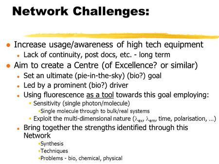 Network Challenges: l Increase usage/awareness of high tech equipment l Lack of continuity, post docs, etc. - long term l Aim to create a Centre (of Excellence?