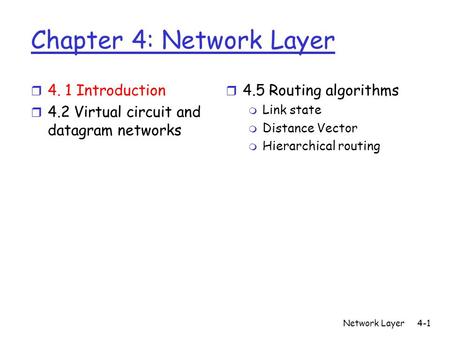 Network Layer4-1 Chapter 4: Network Layer r 4. 1 Introduction r 4.2 Virtual circuit and datagram networks r 4.5 Routing algorithms m Link state m Distance.