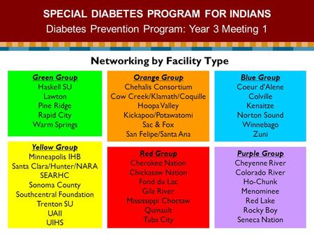 SPECIAL DIABETES PROGRAM FOR INDIANS Diabetes Prevention Program: Year 3 Meeting 1 Networking by Facility Type Green Group Haskell SU Lawton Pine Ridge.