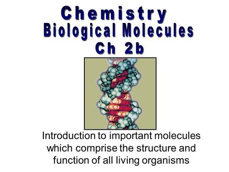 Introduction to important molecules which comprise the structure and function of all living organisms.