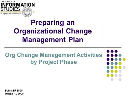 SUMMER 2005 JUNE 6-10 2005 Preparing an Organizational Change Management Plan Org Change Management Activities by Project Phase.