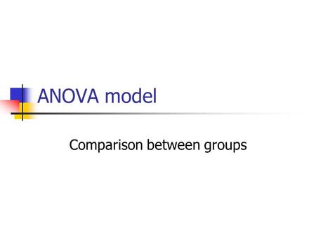 ANOVA model Comparison between groups. Basic model One-way ANOVA Y in =μ j+ e in =μ+α j +e in, set μ j =μ+α j μ is the total mean, α j is the grouping.