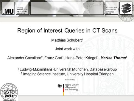 INSTITUTE FOR INFORMATICS DATABASE GROUP Region of Interest Queries in CT Scans Matthias Schubert 1 Joint work with Alexander Cavallaro 2, Franz Graf 1,