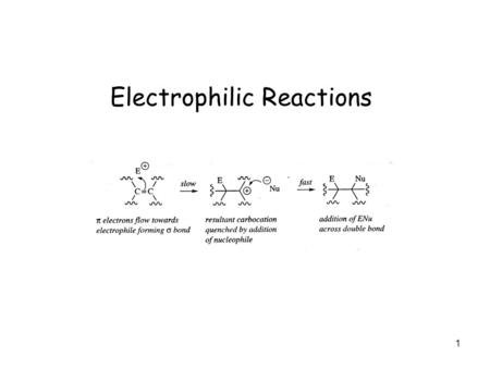 1 Electrophilic Reactions. 2 3 Electrophilic Reactions Addition to unsaturated carbon Alkenes + Alkynes Unsaturated hydrocarbon Unsaturated hydrocarbon: