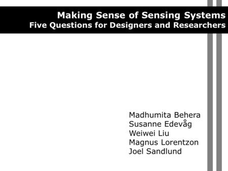 Making Sense of Sensing Systems Five Questions for Designers and Researchers Madhumita Behera Susanne Edevåg Weiwei Liu Magnus Lorentzon Joel Sandlund.