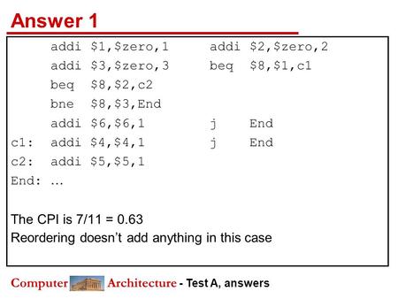 Computer Architecture - Test A, answers Answer 1 addi$1,$zero,1addi$2,$zero,2 addi$3,$zero,3beq$8,$1,c1 beq$8,$2,c2 bne$8,$3,End addi$6,$6,1j End c1:addi.