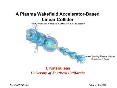 Doe FACET Review February 19, 2008 A Plasma Wakefield Accelerator-Based Linear Collider Vision for Plasma Wakefield R&D at FACET and Beyond e-e+Colliding.