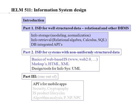 IELM 511: Information System design Introduction Part 1. ISD for well structured data – relational and other DBMS Part 2. ISD for systems with non-uniformly.