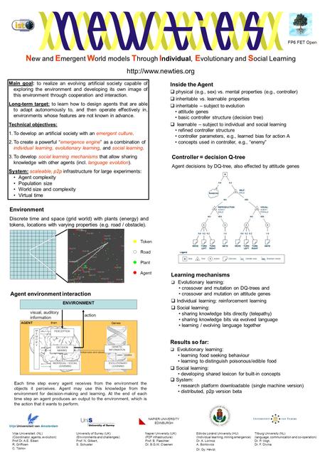 N ew and E mergent W orld models T hrough I ndividual, E volutionary and S ocial Learning  Main goal: to realize an evolving artificial.