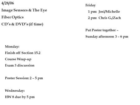 4/28/06 Image Sensors & The Eye Fiber Optics CD’s & DVD’s (if time) Monday: Finish off Section 15.2 Course Wrap-up Exam 3 discussion Poster Session: 2.