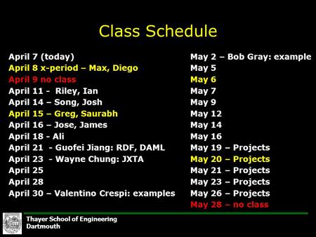 Thayer School of Engineering Dartmouth Class Schedule April 7 (today) April 8 x-period – Max, Diego April 9 no class April 11 - Riley, Ian April 14 – Song,