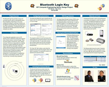 TEMPLATE DESIGN © 2008 www.PosterPresentations.com Bluetooth Login Key RIT Computer Engineering Senior Design Project Tim Wesley, Dan Chen Spring 2009.