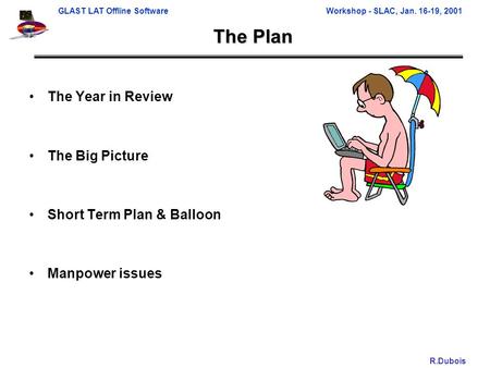 GLAST LAT Offline SoftwareWorkshop - SLAC, Jan. 16-19, 2001 R.Dubois The Plan The Year in Review The Big Picture Short Term Plan & Balloon Manpower issues.