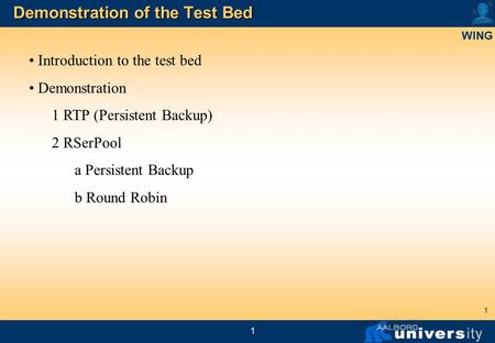 WING 1 1 Demonstration of the Test Bed Introduction to the test bed Demonstration 1 RTP (Persistent Backup) 2 RSerPool a Persistent Backup b Round Robin.