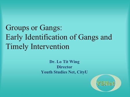 Groups or Gangs: Early Identification of Gangs and Timely Intervention Dr. Lo Tit Wing Director Youth Studies Net, CityU.