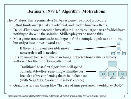 Intelligence for Games and Puzzles1 Berliner’s 1979 B* Algorithm: Motivations The B* algorithm.