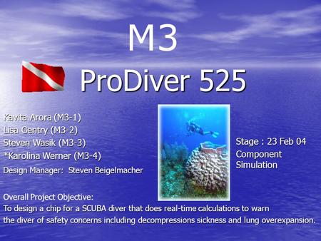 Overall Project Objective: To design a chip for a SCUBA diver that does real-time calculations to warn the diver of safety concerns including decompressions.