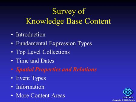 Copyright © 2002 Cycorp Introduction Fundamental Expression Types Top Level Collections Time and Dates Spatial Properties and Relations Event Types Information.