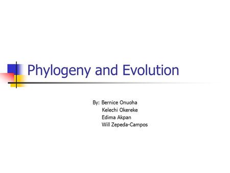 Phylogeny and Evolution By: Bernice Onuoha Kelechi Okereke Edima Akpan Will Zepeda-Campos.