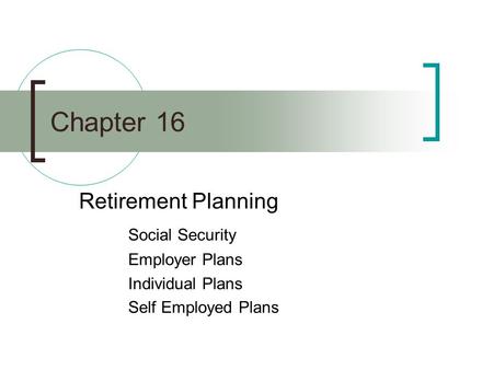 Chapter 16 Retirement Planning Social Security Employer Plans Individual Plans Self Employed Plans.