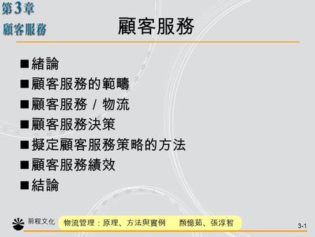 前程文化 物流管理：原理、方法與實例 顏憶茹、張淳智 3-1 緒論 顧客服務的範疇 顧客服務／物流 顧客服務決策 擬定顧客服務策略的方法 顧客服務績效 結論 顧客服務.