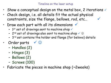 Timeline on the laser setup Show a conceptual design on the metal box, 2 iterations Check design, i.e. all details fit the actual physical constraints,